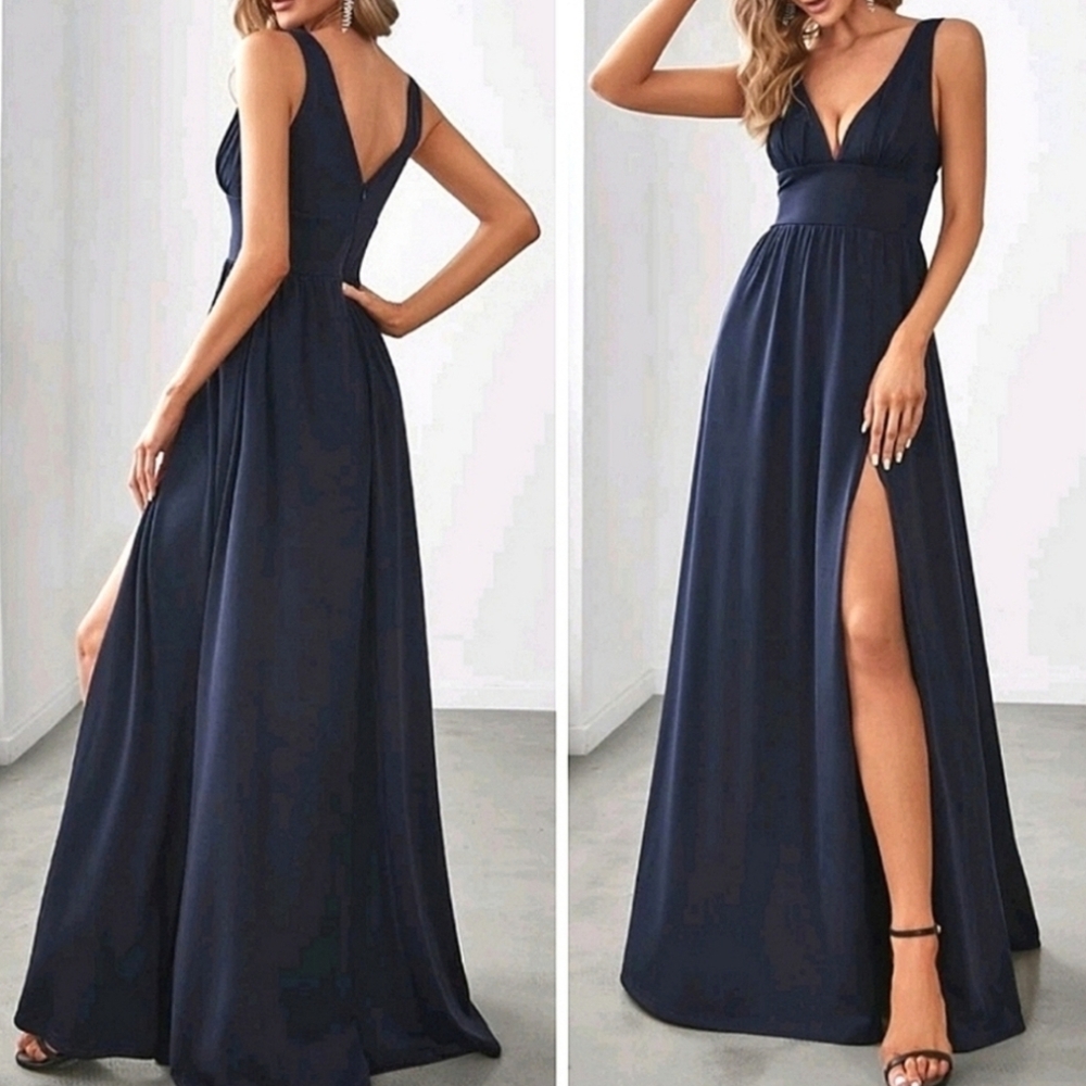 New Luxe Deep V Split Leg Maxi Dress Flowy Navy Blue